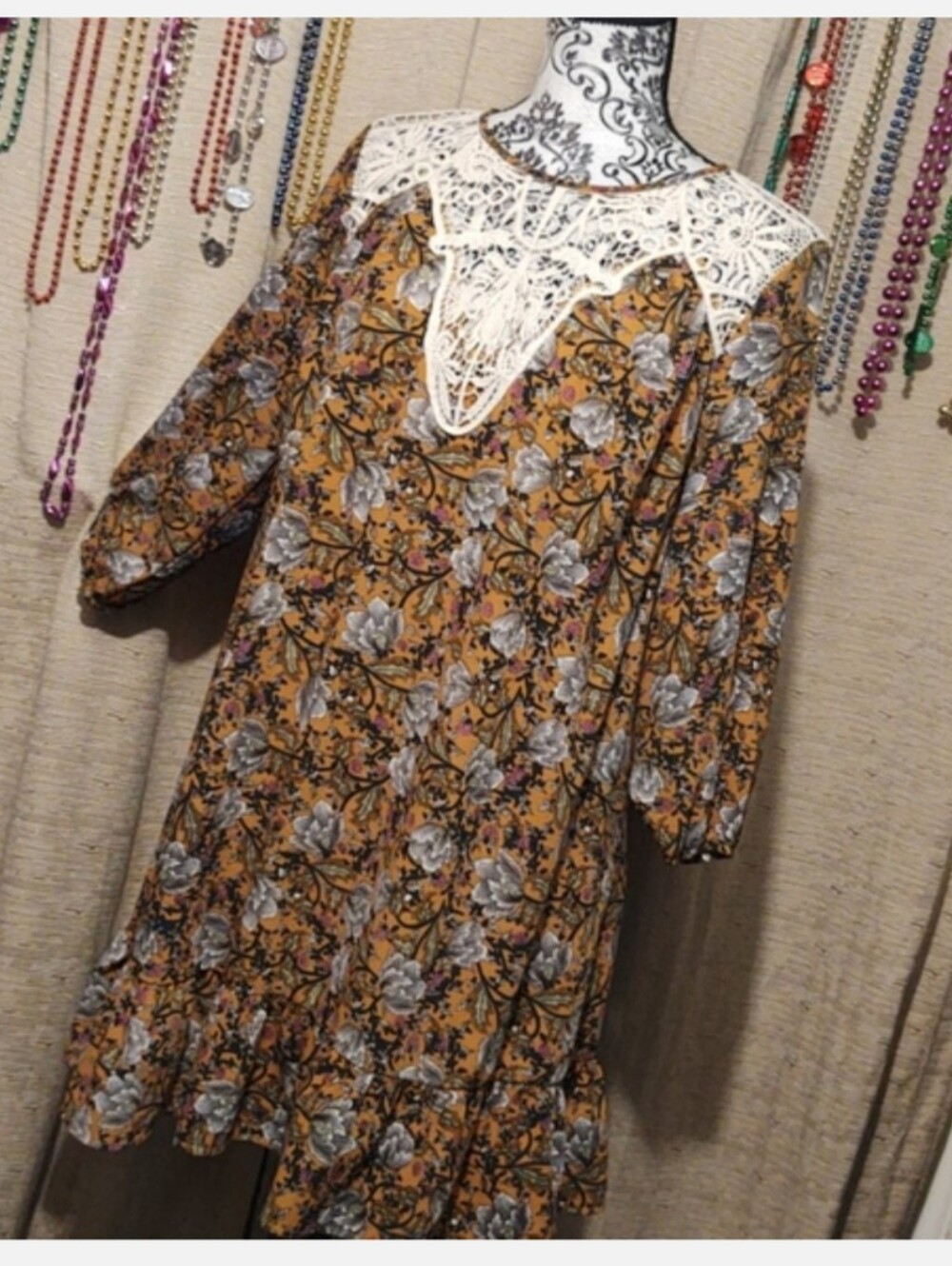 Entro Babydoll Dress Long Sleeve Crochet Neck Floral Mustard Yellow Small